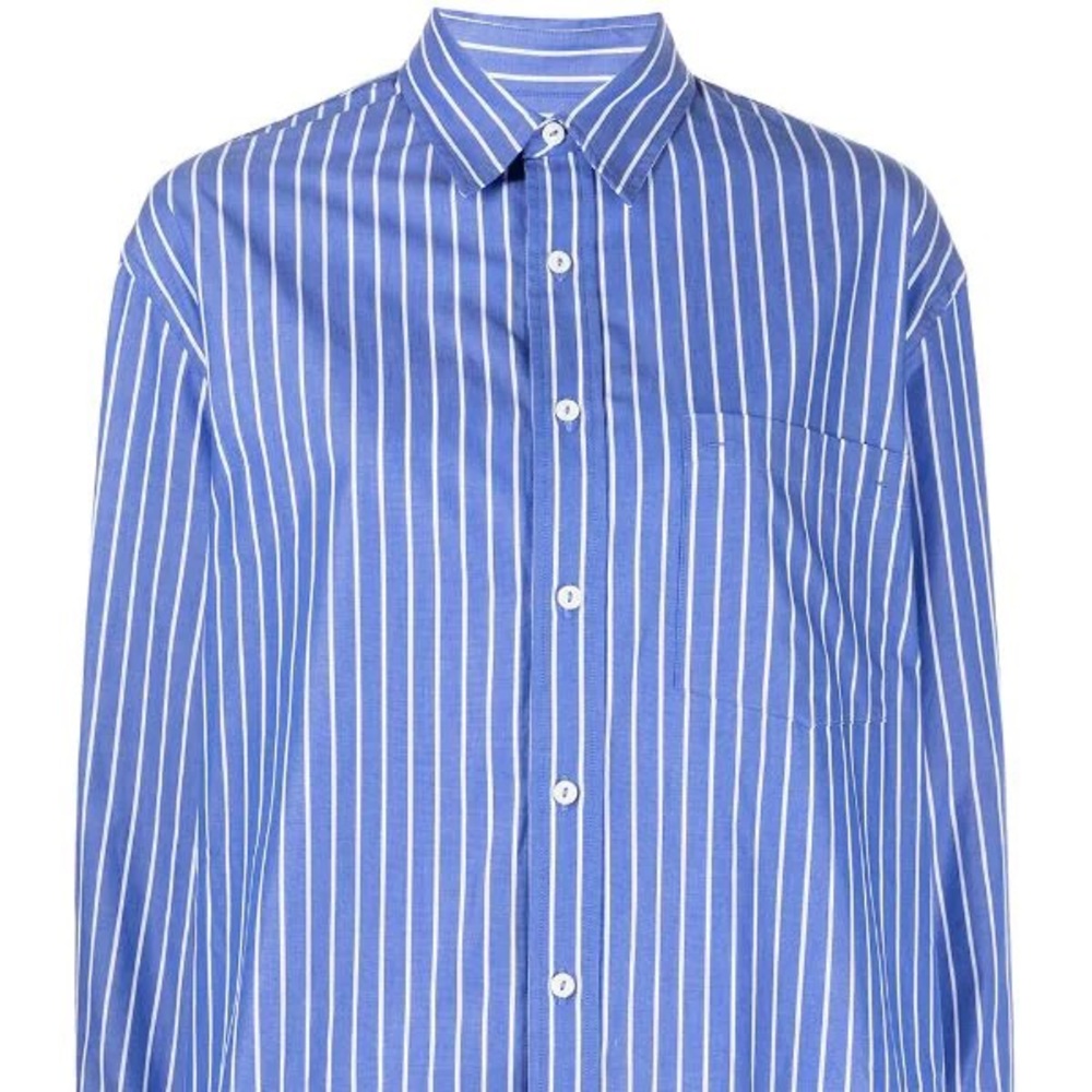 Tags on beautiful bright blue striped organic cotton striped shirt, brand size 3